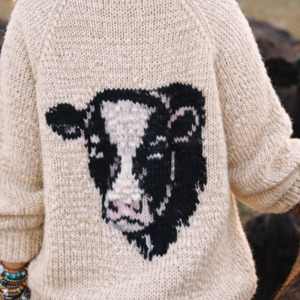 Hand Knit Custom Designer Heavy Cable Calf Face Cream V-Neck Sweater Size Large - Picture 2 of 8